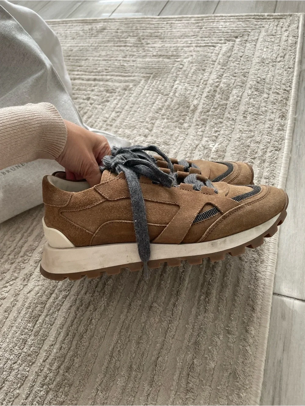 Brunello Cucinelli - Suede runners with Monili Copper Low Top Sneakers